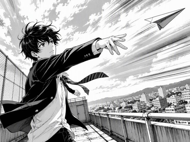 Panel: a boy throws a paper plane from a rooftop