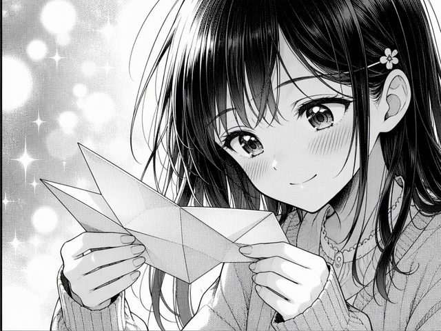 Panel: she unfolds it and smiles