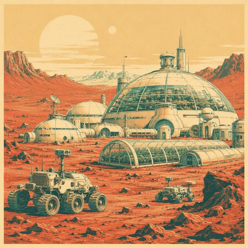 Mars settlement risograph illustration